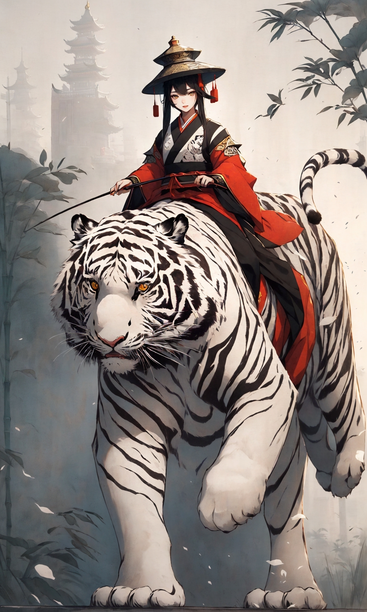 606247209521967937-259212714-A stunning Chinese beauty in traditional Hanfu attire riding a massive tiger, carrying a large gourd,_in the style of Chinese in.jpg